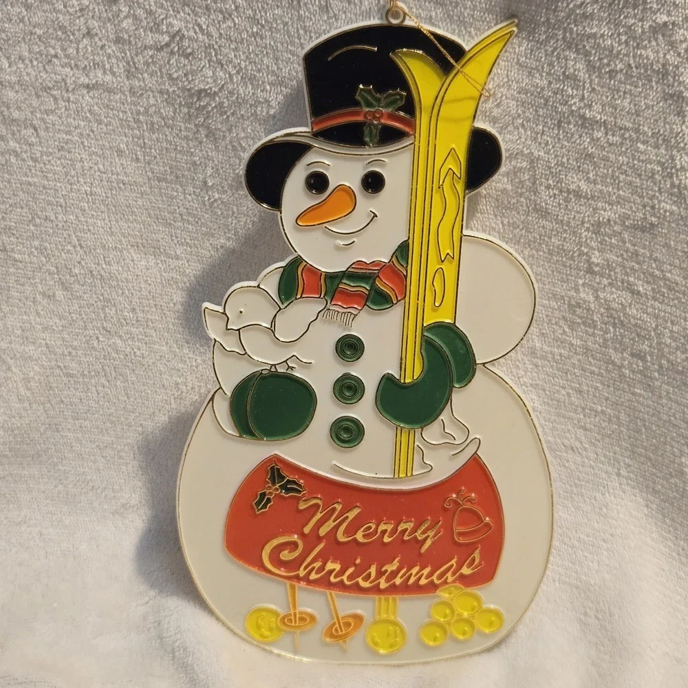 VTG‎ Snowman Suncatcher Christmas Plastic Stained Glass Skis Merry Christmas